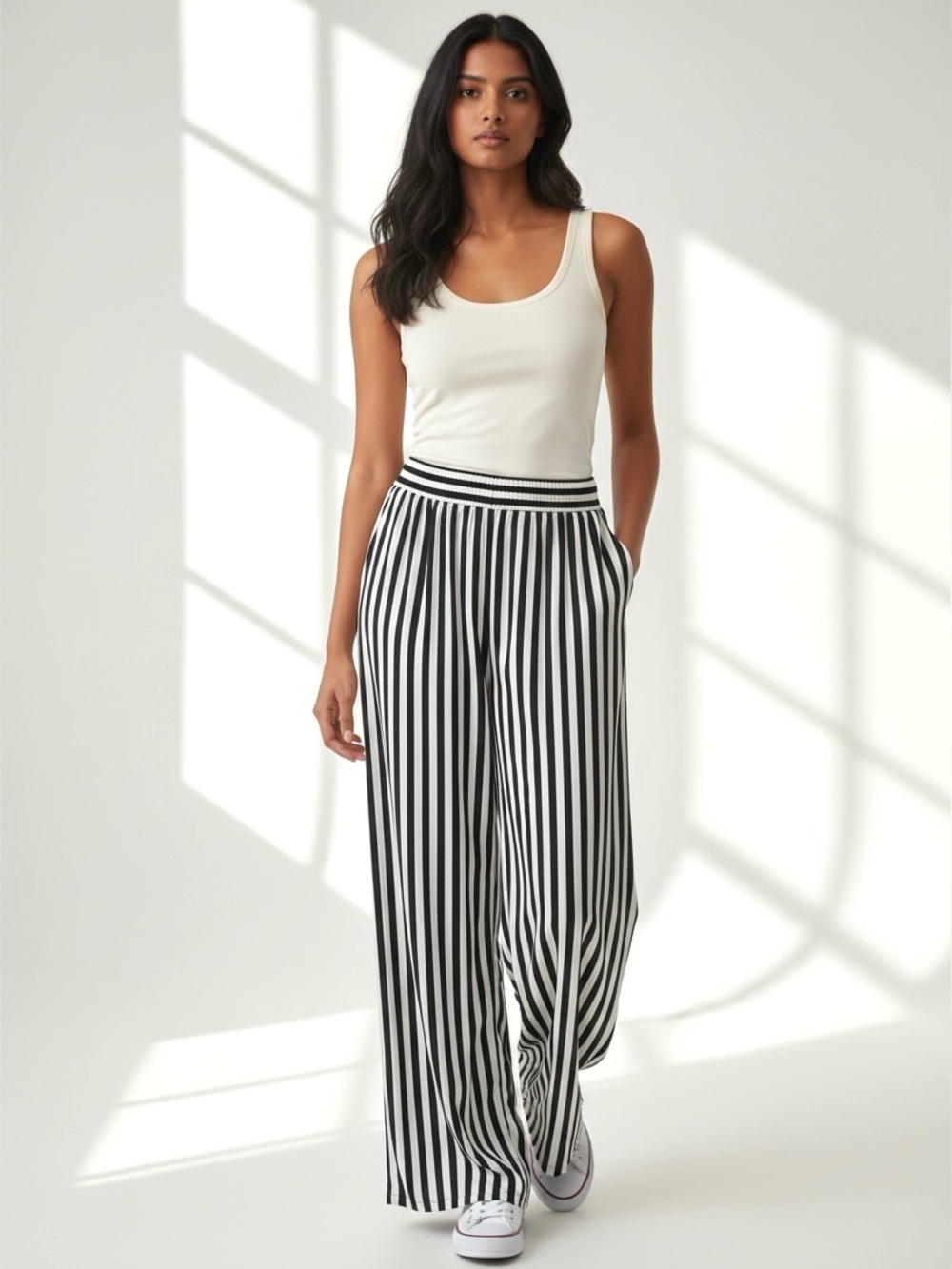 Striped Satin Wide-Leg Pants in Black & White